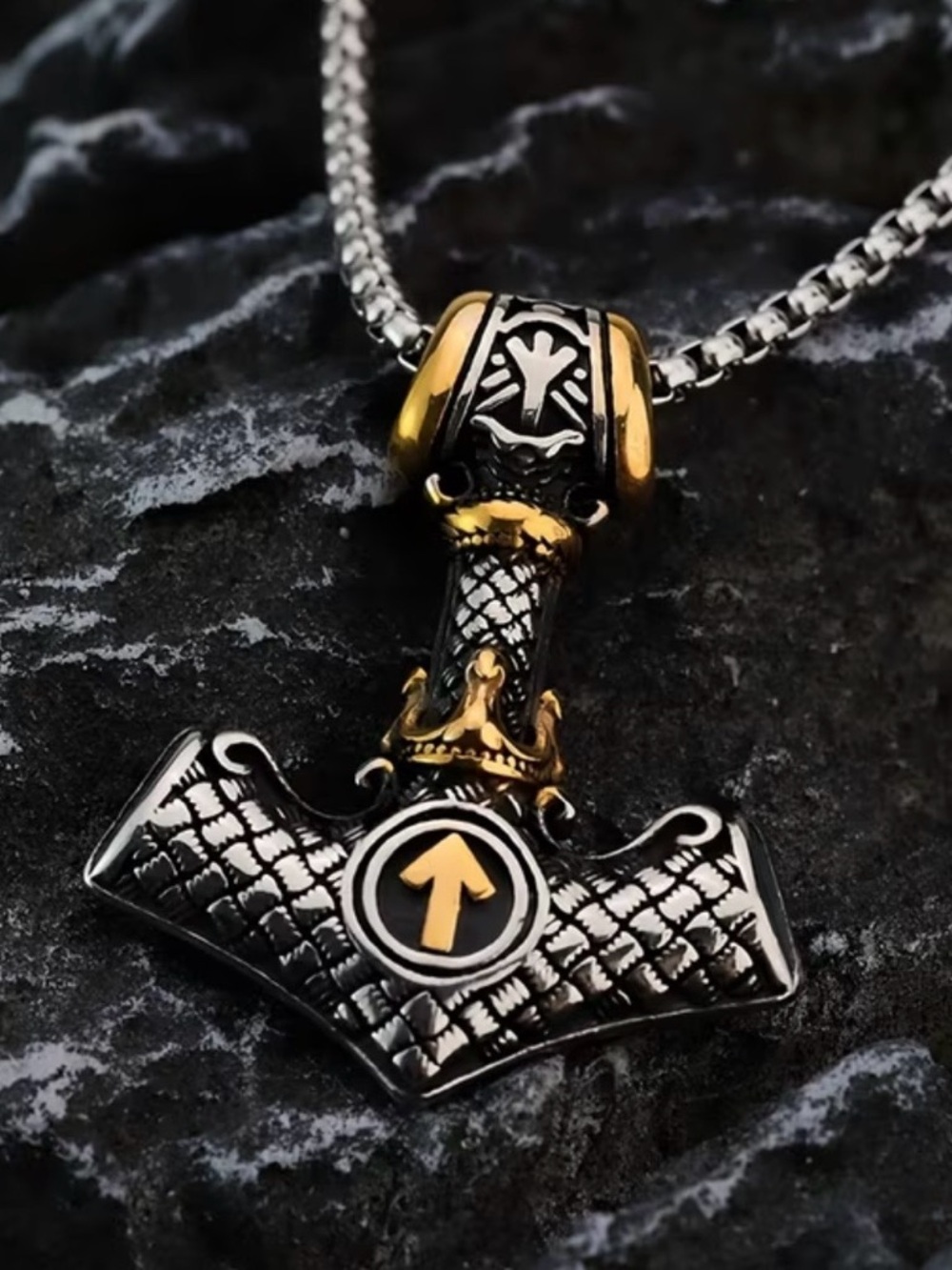 Viking Hammer Pendant Necklace Black and Gold Coloured